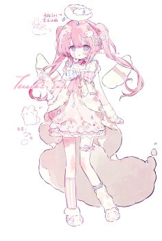 1girl :o artist_name asymmetrical_legwear blush bow cloud_halo dated dress frills full_body hair_between_eyes hair_bow hair_ornament hairclip halo highres long_hair looking_at_viewer mismatched_legwear multicolored_eyes original pink_bow pink_dress pink_hair sidelocks solo standing tears twintails two-tone_eyes twuos white_background white_wings wings