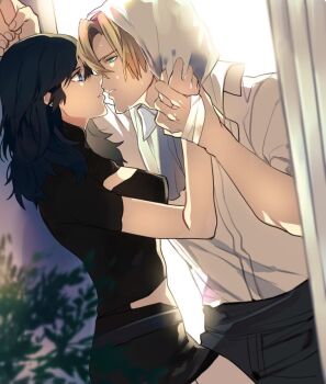 1boy 1girl bandaged_hand bandages black_pants black_shirt black_shorts blonde_hair blue_eyes blue_hair breasts collared_shirt dimitri_alexandre_blaiddyd female_byleth_(fire_emblem) fire_emblem fire_emblem:_three_houses from_side holding_hands llldmlslll looking_at_another medium_breasts nintendo pants shirt short_hair short_sleeves shorts white_shirt