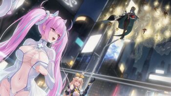 4girls arbiter_the_hierophant_v_(azur_lane) azur_lane blonde_hair blue_ribbon breasts bright_pupils cape center_opening city city_lights cleavage cleavage_cutout clothing_cutout covered_navel floating floating_hair game_cg green_hair highres holding leotard looking_to_the_side marco_polo_(azur_lane) multiple_girls night non-web_source pasadena_(azur_lane) pink_eyes pink_hair red_eyes ribbon symbol-shaped_pupils through_portal white_pupils william_d._porter_(azur_lane)