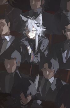 1girl 6+boys absurdres animal_ears antenna_hair arknights black_coat black_gloves coat commentary gloves grey_eyes grey_hair hair_between_eyes highres lappland_(arknights) lappland_(refined_horrormare)_(arknights) light_smile long_hair long_sleeves looking_at_viewer making-of_available multiple_boys phyriaxi scar scar_across_eye scar_on_face sitting wolf_ears wolf_girl