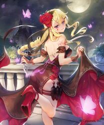Rule 34 | 1girl, armlet, balcony, ballroom assassin (shadowverse), bare back, bare shoulders, blonde hair, braid, bug, butterfly, castle, clothes lift, commentary request, dress, flower, full moon, hair flower, hair ornament, high heels, highres, holding, holding weapon, insect, jewelry, kunai, long hair, looking back, moon, night, night sky, official art, purple eyes, red dress, red flower, red footwear, red rose, rose, rwael, seductive smile, shadowverse, side slit, skirt, skirt lift, sky, smile, solo, teardrop facial mark, thigh strap, weapon