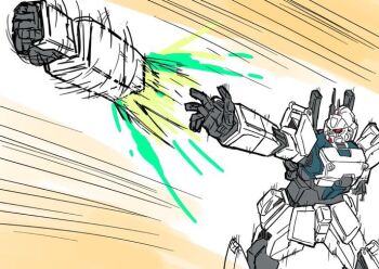 glowing gundam gundam_08th_ms_team gundam_ez8 hiyama_nobuyuki mecha mecha_focus mizuno_sasuga mobile_suit no_humans red_eyes robot rocket_punch science_fiction solo spinning voice_actor_connection weapon yuusha_ou_gaogaigar yuusha_series