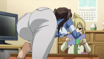 Rule 34 | ahoge, animated, animated gif, ass, barefoot, bent over, blonde hair, brown eyes, brown hair, calendar, denim, feet, from behind, huge ass, jeans, magazine (object), minami-ke, minami-ke okawari, minami chiaki, minami kana, pants, reading, screencap, soles, television, toes, twintails