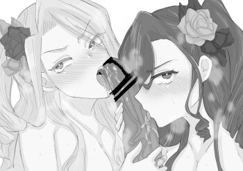 2girls censored cooperative_fellatio dorothee_(grimms_notes) drooling fellatio greyscale grimms_notes highres looking_at_viewer monochrome multiple_girls noemie_(grimms_notes) oral pens pov teamwork_(sexual) yuyumaru_aikichi
