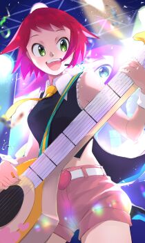 1girl bare_shoulders black_shirt breasts confetti cowboy_shot green_eyes guitar highres holding holding_guitar holding_instrument idol instrument lemon_inu mega_man_(series) mega_man_star_force_(series) pink_shorts red_hair shirt short_hair shorts solo sonia_strumm_(mega_man) stage
