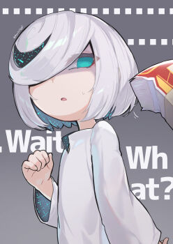 1girl ? artist_name banknote blue_eyes blue_hair blue_pupils bright_pupils child colored_extremities colored_inner_hair colored_skin commentary commentary_request disgust dollar_bill dotted_background dress from_below glitch glowing grey_background hair_between_eyes hair_over_eyes hair_over_one_eye hand_on_own_chest highres humanoid_robot looking_at_viewer money money_gesture multicolored_hair myuutau_tadakichi nervous_sweating open_mouth robot robot_girl sage_(sonic) shirt short_hair signature skirt solo sonic_(series) sonic_frontiers spoken_question_mark sweat sweatdrop twitter_username white_dress white_hair white_shirt white_skin wide_sleeves