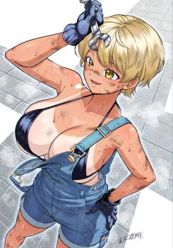 1girl bikini bikini_top_only black_bikini blonde_hair blue_gloves blue_overalls breasts cleavage dirty dirty_face gloves hand_on_own_head hand_on_own_hip holding holding_wrench large_breasts maki_yoshitake mechanic off-shoulder off-shoulder_overalls oil_stain open_mouth original overalls short_hair smile solo standing swimsuit tan tanline tomboy white_background wrench yellow_eyes