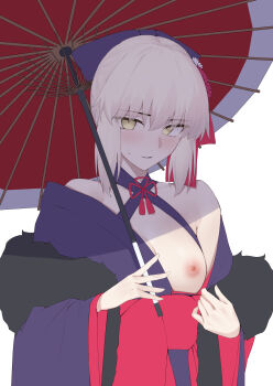 Rule 34 | 1girl, absurdres, artoria pendragon (fate), bare shoulders, blonde hair, breasts, clothes pull, commentary request, fate/stay night, fate (series), fur shawl, hair bbow, highres, japanese clothes, kimono, long hair, long sleeves, looking at viewer, medium breasts, nipples, off shoulder, oil-paper umbrella, okuma707, one breast out, purple kimono, saber alter, sash, shawl, sidelocks, umbrella, wide sleeves, yellow eyes