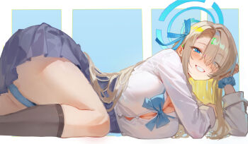 1girl absurdres asuna_(blue_archive) asuna_(school_uniform)_(blue_archive) blonde_hair blue_archive blue_bow blue_bowtie blue_eyes blue_halo blue_panties bow bowtie breasts button_gap center_opening cleavage commentary_request haaakashi hair_over_one_eye halo highres large_breasts long_hair looking_at_viewer loose_bowtie lying panties school_uniform shirt smile solo underwear wardrobe_malfunction white_shirt
