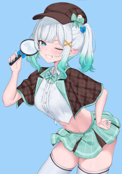 Rule 34 | 1girl, absurdres, blue background, blue eyes, bow, densetsu.exe, detective, fang, gradient hair, green hair, hair bow, hair ornament, hat, highres, lunarisbloom, magnifying glass, midriff, miniskirt, mint fantome, multicolored hair, navel, one eye closed, pointy ears, short twintails, skirt, smile, thick thighs, thighhighs, thighs, twintails, virtual youtuber, white hair, white thighhighs, x hair ornament