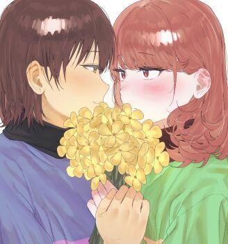 2others absurdres blue_sweater blush brown_hair chara_(undertale) closed_mouth commentary_request ear_blush frisk_(undertale) golden_flower_(undertale) green_sweater heart_soma highres looking_at_another multiple_others purple_sweater short_hair simple_background smile striped_clothes striped_sweater sweater undertale utdr_(toby_fox)