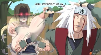 Rule 34 | 1boy, 1girl, absurdres, angry, blonde hair, breasts, commentary, forehead protector, glowing, glowing eyes, grabbing another's breast, groping, highres, huge breasts, jhonart777, jiraiya (naruto), jujutsu kaisen, meme, naoya hitting choso without looking (meme), naruto (classic), naruto (series), nipple stimulation, nipple tweak, outdoors, puffy nipples, red eyes, standing, torn, tsunade (naruto), unaligned breasts, white hair