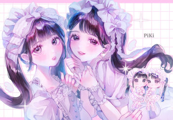 2girls absurdres aegyo_sal amanomiya_megu animification black_eyes black_hair blunt_bangs blush bow bow_earrings bow_hairband brown_eyes chibi chibi_inset collarbone commentary dress earrings english_commentary floating_hair frilled_headwear frilled_wrist_cuffs frills group_name hairband hand_up heart heart-shaped_pupils highres jewelry kawaii_kaiwai lips lolita_fashion looking_at_viewer matsumoto_karen multiple_girls nail_polish piki_(group) pinky_swear puffy_short_sleeves puffy_sleeves real_life ribbon sakuraba_haruka short_sleeves sidelocks smile sparkle swept_bangs symbol-shaped_pupils twintails upper_body white_bow white_dress white_ribbon wrist_cuffs