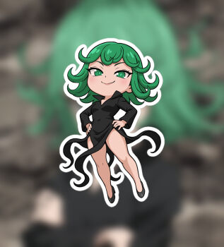 black_dress breasts closed_mouth curly_hair dress female_focus floating green_eyes green_hair levitation looking_at_viewer one-punch_man small_breasts smile solo tatsumaki