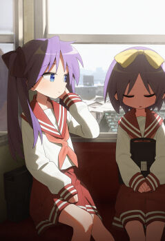2girls absurdres black_bow blue_eyes bow briefcase city closed_eyes hair_bow highres hiiragi_kagami hiiragi_tsukasa long_hair lucky_star multiple_girls purple_hair ryouou_school_uniform school_briefcase school_uniform shadow short_hair siblings sisters sitting sleeping sunlight train_interior twins window yellow_bow yioukei
