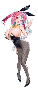 1girl animal_ears bare_shoulders black_leotard black_pantyhose black_shoes blue_hair blush bow bowtie breasts clothing_cutout colored_inner_hair commentary_request covered_navel detached_collar fang fishnet_pantyhose fishnets full_body hair_horns hair_intakes heart_cutout high_heels highres huge_breasts kanan-sama_wa_akumade_choroi kanan_(kanan-sama) leotard medium_hair multicolored_hair nonco open_mouth pantyhose pink_eyes pink_hair playboy_bunny pointy_ears rabbit_ears rabbit_tail salute shoes simple_background slit_pupils smile solo strapless strapless_leotard streaked_hair sweatdrop tail thighs two-tone_hair two_side_up white_background white_tail white_wrist_cuffs wrist_cuffs yellow_bow yellow_bowtie