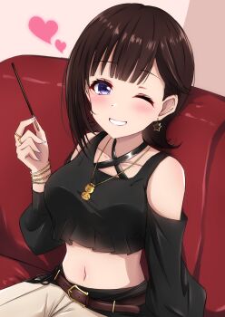 1girl alternate_hair_length_(shorter) black_shirt blue_nails brown_hair commentary_request earrings food grey_pants halterneck heart highres holding holding_food holding_pocky hololive jewelry korean_commentary looking_at_viewer moezi nail_polish official_alternate_costume one_eye_closed pants pocky purple_eyes shirt short_hair smile solo star_(symbol) star_earrings tokino_sora tokino_sora_(8th_costume) virtual_youtuber