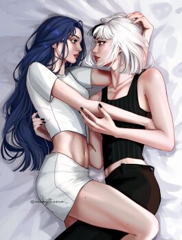 2girls absurdres aegyo_sal asian bed black_nails black_pants black_streaks black_tank_top blue_eyes blue_hair bob_cut choppy_bangs collarbone cowboy_shot cropped_shirt eyelashes forehead hand_on_another&#039;s_arm hand_on_another&#039;s_head highres kira_(zeebythesea) leg_on_another&#039;s_leg light_smile looking_at_another lying midriff mole mole_on_cheek mole_on_leg mole_on_neck mole_on_nose mole_on_stomach mole_under_eye multiple_girls nail_polish navel on_bed on_side original pants parted_bangs red_eyes red_lips shirt single_hair_streak skirt striped_tank_top t-shirt tank_top thick_eyebrows thick_lips twitter_username umi_(zeebythesea) white_hair white_shirt white_skirt yuri zeebythesea