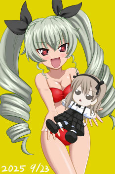 1girl anchovy_(girls_und_panzer) bikini blush breasts brown_eyes curvy doll drill_hair girls_und_panzer green_hair hair_ribbon heart heart-shaped_pupils large_breasts long_hair megi2009 navel open_mouth red_bikini ribbon shimada_arisu shiny_skin simple_background smile solo swimsuit symbol-shaped_pupils twin_drills twintails wide_hips yellow_background
