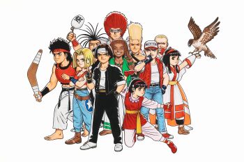 3girls 6+boys arm_up asamiya_athena barefoot black_hair blonde_hair blue_mary bob_wilson boomerang breasts brown_eyes brown_hair chinese_clothes choko_(cup) cleavage clenched_hand closed_eyes crossed_arms crossover cup dark-skinned_male dark_skin fatal_fury feet fingerless_gloves geese_howard gloves grin hair_ribbon hand_on_own_hip haoumaru happy headband king_lion kusanagi_kyou large_breasts legs long_hair looking_at_viewer mamahaha mask medium_breasts midriff multiple_boys multiple_girls muscular muscular_male nakoruru navel nikaidou_benimaru official_art open_mouth pants pointy_hair ponytail purple_hair red_hair ribbon samurai_spirits savage_reign school_uniform shoes short_hair smile snk tank_top teeth terry_bogard the_king_of_fighters thighs