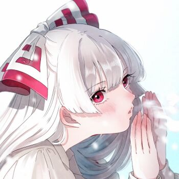 Rule 34 | 1girl, blue background, blush, bow, breath, commentary request, fingernails, from side, fujiwara no mokou, grey hair, grey shirt, hair bow, long hair, long sleeves, mokoiscat, parted lips, portrait, red eyes, red nose, redrawn, shirt, solo, touhou, white bow