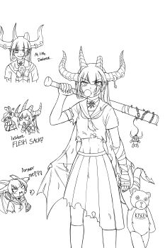 1girl 2boys absurdres angry archaon_the_everchosen armor bandaged_arm bandages bandaid bandaid_on_face baseball_bat be&#039;lakor blowing_bubble_gum broken_horn chain chaos_(warhammer) chaos_undivided_(symbol) character_charm charm_(object) chewing_gum chibi chibi_inset choker delinquent demon demon_horns demon_wings ear_piercing genderswap genderswap_(mtf) hat helmet highres holding holding_baseball_bat holding_stuffed_toy horns humanization laughing markus_kruber midriff mole mole_under_eye monochrome mp_sg multiple_boys nail_(hardware) nail_bat navel piercing pointy_ears short_sleeves skirt socks stuffed_animal stuffed_toy torn_clothes torn_skirt torn_wings vermintide vermintide_2 warhammer_fantasy wings