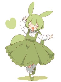 1girl absurdres adapted_costume buttons closed_eyes collared_shirt dress facing_viewer frilled_dress frills full_body green_dress green_hair green_shoes hand_up heart highres long_hair long_sleeves mary_janes ojou-sama_zundamon open_mouth pinafore_dress shirt shoes simple_background sleeveless sleeveless_dress smile socks solo standing voiceroid voicevox white_background white_shirt white_socks zundamon zungurimukkuri_tarou