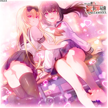 2girls arifureta_shokugyou_de_sekai_saikyou ass bare_legs barefoot black_skirt black_thighhighs blonde_hair breasts character_request copyright_logo copyright_name copyright_request desk feet heart knees legs logo long_hair long_sleeves looking_at_viewer midriff_peek miniskirt multiple_girls no_shoes official_art open_mouth pleated_skirt promotional_art purple_eyes red_eyes sailor_collar school_desk school_uniform shirt short_sleeves sitting skirt thighhighs thighs tongue tongue_out zettai_ryouiki