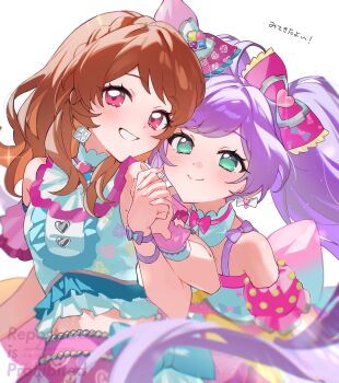 2girls ahoge aikatsu! aikatsu!_(series) aikatsu!_x_pripara_the_movie_-deai_no_kiseki!- bow commentary_request crossover detached_collar detached_sleeves genre_connection green_eyes hair_bow highres holding_hands long_hair looking_at_viewer manaka_laala mochimiya_(coyo) multiple_girls orange_hair ozora_akari pink_bow pink_skirt pretty_series pripara purple_hair shirt simple_background skirt sleeveless sleeveless_shirt smile translation_request twintails very_long_hair white_background white_shirt wrist_cuffs