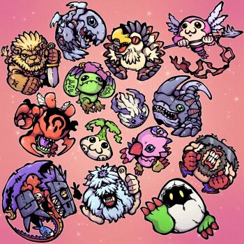 absurdres antennae cockatrimon coelamon digimon digimon_(creature) digitamamon highres kuwagamon leomon megadramon mojyamon monochromon nanimon palmon picklemon piyomon scar sharp_teeth sunglasses tanemon teeth yellow_eyes yuramon