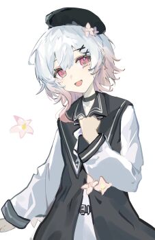 1girl :d absurdres beret black_dress black_hat cherry_blossoms chinese_commentary commentary_request crying crying_with_eyes_open dress flower gradient_hair hair_flower hair_ornament hand_up hat highres long_sleeves looking_at_viewer mahou_shoujo_no_majo_saiban multicolored_hair open_mouth pink_eyes pink_hair procreate_(medium) sakuraba_ema short_hair simple_background smile solo t_rexfa tears white_background white_flower white_hair x_hair_ornament