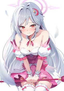 1girl absurdres akazawa_kureha blue_archive breasts bustier crescent crescent_hair_ornament detached_sleeves grey_wings hair_ornament halo head_wings highres holding holding_staff large_breasts long_hair looking_at_viewer mage_staff magical_girl official_alternate_costume pink_halo purple_halo red_eyes single_hair_intake single_head_wing solo staff suzumi_(blue_archive) suzumi_(magical)_(blue_archive) thighhighs very_long_hair white_hair white_thighhighs wings