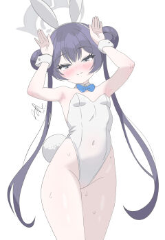 absurdres animal_ear_hairband animal_ears black_hair blue_archive blue_bow blue_bowtie bow bowtie breasts commentary cowboy_shot detached_collar double_bun embarrassed fake_animal_ears grey_eyes grey_halow hair_bun hairband highres kisaki_(blue_archive) leotard playboy_bunny rabbit_ears rabbit_pose rabbit_tail runarie small_breasts strapless strapless_leotard sweat tail twintails white_leotard wrist_cuffs