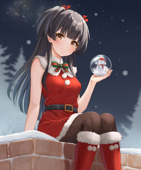 1girl arm_at_side black_hair black_pantyhose black_sky boots bow bowtie brown_hair ca_paria capelet closed_mouth commentary_request dress feet_out_of_frame fur-trimmed_boots fur-trimmed_dress fur_capelet fur_trim hair_ribbon hand_up holding holding_snow_globe idolmaster idolmaster_shiny_colors light_smile long_hair looking_at_viewer looking_down mayuzumi_fuyuko night outdoors pantyhose partial_commentary pom_pom_(clothes) red_boots red_dress red_ribbon ribbon santa_costume short_dress sitting sky sleeveless sleeveless_dress snow_globe snowflakes solo star_(sky) striped_bow striped_bowtie striped_clothes two_side_up variant_set white_capelet