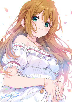 1girl baba_konomi breasts brown_hair closed_mouth dated detached_sleeves dress green_eyes hair_down highres idolmaster idolmaster_million_live! ima_(lm_ew) jewelry light_blush light_smile long_hair looking_at_viewer necklace petals puffy_detached_sleeves puffy_sleeves signature solo upper_body white_background white_dress