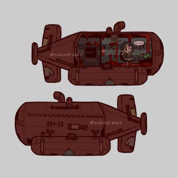 Rule 34 | 1boy, black hair, blood, chair, computer, dollhouse view, fire extinguisher, full body, headband, iron lung (movie), meme, short hair, simon (iron lung), sitting, sokodraws, solo, submarine, this is fine (meme), vehicle focus, watercraft, wavy hair, wide shot
