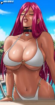 1girl absurdres bikini bracelet breasts closed_eyes curvy echo_saber highleg highleg_bikini highres jessie_(pokemon) jewelry large_breasts navel nintendo outdoors pokemon pokemon_(anime) pokemon_(classic_anime) pool purple_hair swimsuit water water_drop wet white_bikini