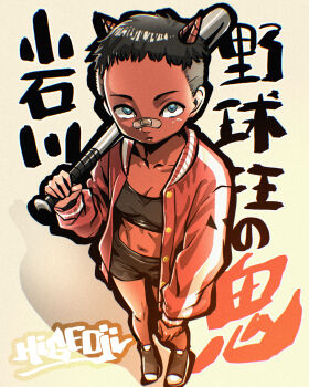 Rule 34 | 1girl, absurdres, aqua eyes, bandaid, bandaid on face, bandaid on nose, baseball bat, black hair, black shoes, black shorts, breasts, cleavage, closed mouth, commentary request, full body, highres, holding, holding baseball bat, horns, jacket, looking at viewer, metal baseball bat, midriff, oni, open clothes, open jacket, original, osamu yagi, red eyes, red horns, shoes, short hair, shorts, small horns, solo, standing, thick lineart, tomboy, translation request, undercut, very short hair