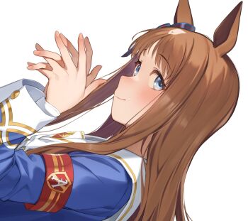 1girl animal_ears armband blue_eyes blush brown_hair dutch_angle from_side grass_wonder_(umamusume) highres horse_ears horse_girl long_hair long_sleeves looking_at_viewer looking_to_the_side multicolored_hair nyum red_armband simple_background solo umamusume upper_body white_background white_hair