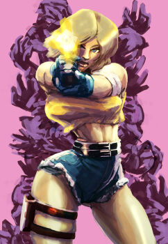 Rule 34 | 1girl, 2020, bandages, blonde hair, blue eyes, gloves, gun, highres, holding, holding gun, holding weapon, holster, house of the dead, ibdinosaur, linda rotta, midriff, painting (medium), pink background, sega, shorts, thigh holster, thighs, traditional media, weapon, zombie revenge