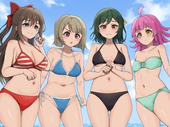 4girls :o bare_arms bikini black_bikini blue_bikini blue_eyes blue_sky blunt_bangs blunt_ends blush bob_cut breasts brown_hair cleavage closed_mouth cloud collarbone commentary_request day expressionless green_bikini green_hair hair_between_eyes long_hair love_live! love_live!_nijigasaki_high_school_idol_club medium_breasts mifune_shioriko momo_mochi_(favk5328) multiple_girls nakasu_kasumi navel o-ring o-ring_bikini ocean osaka_shizuku outdoors pink_hair red_bikini red_eyes short_hair sidelocks sky small_breasts smile standing strapless strapless_bikini striped_bikini striped_clothes swimsuit tennoji_rina v-shaped_eyebrows yellow_eyes