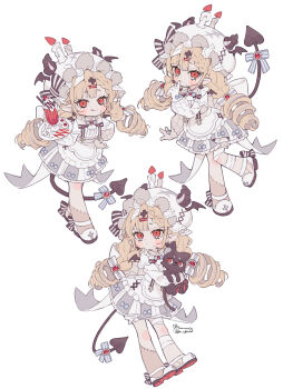 Rule 34 | 1girl, apron, artist name, bat wings, black cat, black horns, blonde hair, blush, bone, bow, candle, candle on headwear, cat, commentary request, demon tail, drill hair, food, gloves, hair bow, hair ornament, hairclip, hat, highres, holding, holding plate, horns, index finger raised, long sleeves, maid apron, mary janes, mini wings, multiple views, original, parfait, plate, pointy ears, red eyes, shoes, standing, stitched leg, stitches, tail, tail bow, tail ornament, twin drills, uekura eku, white bow, white gloves, white hat, white shoes, wings, x hair ornament