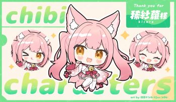 &gt;_o 1girl :d ;q ^_^ animal_ears blunt_bangs blush_stickers character_name chibi chibi_only closed_eyes closed_mouth commentary_request double-parted_bangs fang fox_ears fox_girl fox_tail full_body indie_virtual_youtuber japanese_clothes kashiwase_karune kimono kisara_(vtuber) long_hair long_sleeves looking_at_viewer multiple_expressions multiple_tails okobo one_eye_closed open_mouth outline pink_hair pink_kimono platform_sandals ribbon-trimmed_sleeves ribbon_trim sandals smile standing standing_on_one_leg tabi tail thighhighs tongue tongue_out twintails virtual_youtuber white_outline white_thighhighs wide_sleeves yellow_eyes