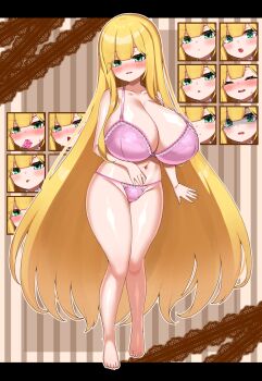 1girl barefoot blonde_hair blush bra breasts cleavage closed_eyes commission condom condom_wrapper eyebrows_hidden_by_hair full_body green_eyes groin hair_between_eyes hand_on_own_stomach heart heart_in_eye highres huge_breasts katuu long_hair multiple_expressions navel oppai_loli original pink_bra solo stomach sweatdrop symbol_in_eye toes tongue tongue_out turn_pale underwear underwear_only very_long_hair