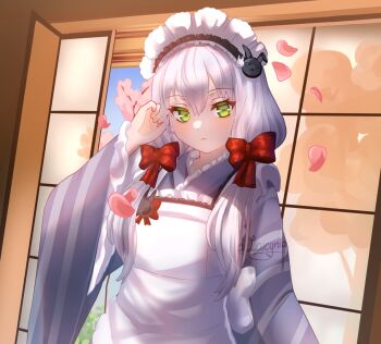 1girl altina_orion apron bow cherry_blossoms closed_mouth commentary double-parted_bangs eiyuu_densetsu english_commentary falling_petals frilled_apron frills green_eyes hair_between_eyes hair_bow hair_ornament highres indoors japanese_clothes kimono laicynia long_hair looking_at_viewer maid maid_apron maid_headdress multiple_hair_bows petals rabbit_hair_ornament red_bow sen_no_kiseki_(series) shouji sliding_doors solo upper_body wa_maid white_apron white_hair wide_sleeves