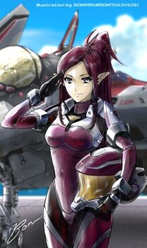 1girl blue_eyes blurry blurry_background bon!!!!!! canopy_(aircraft) cloud cloudy_sky derivative_work earrings english_text helmet highres holding holding_unworn_helmet jewelry landing_gear macross macross_delta macross_delta:_zettai_live!!!!!! mecha_pilot_suit mirage_farina_jenius pointy_ears purple_hair salute science_fiction signature sky unworn_headwear unworn_helmet variable_fighter vf-31ax