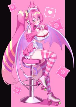 1girl absurdres alternate_breast_size_(larger) alternate_costume apron blonde_hair blush breasts cleavage demon_girl demon_horns demon_tail demon_wings duel_monster evil_twin_ki-sikil frilled_apron frilled_skirt frills fusion green_eyes heart heart_hands highres horns hyeonin_gentora inline_skates ki-sikil_(yu-gi-oh!) large_breasts live_twin_ki-sikil long_hair maid multicolored_hair on_stool pink_hair pink_theme roller_skates skates skirt smile solo spoken_heart streaked_hair tail very_long_hair waist_apron wings yu-gi-oh!