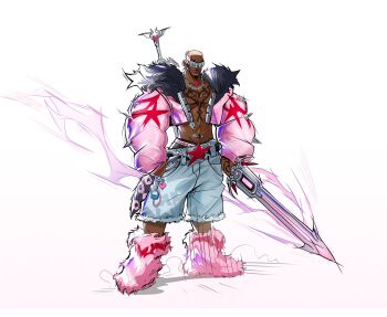 1boy blade_(marvel) blade_(series) blonde_hair coat dark-skinned_male dark_skin gwinshin highres holding holding_sword holding_weapon jacket male_focus marvel marvel_rivals muscular puffy_coat puffy_sleeves short_hair solo sunglasses sword vampire weapon