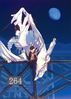 1girl 1other black_hair black_pantyhose bone commentary_request fantasy full_moon fuzuki_fuuro highres looking_at_another monster moon night original pantyhose school_uniform short_hair sitting skirt sky transmission_tower