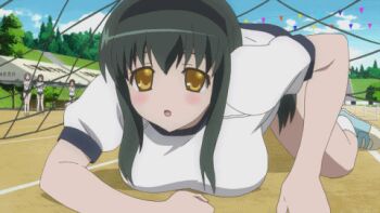 1girl all_fours animated animated_gif anime_screenshot areola_slip ass black_hair blush bouncing_breasts bra bra_lift breasts buruma buruma_pull butt_crack clothes_lift clothes_pull crawling day embarrassed flag gym_uniform hair_ornament hairband hairclip ladies_versus_butlers! large_breasts long_hair lowres midriff net open_mouth outdoors panties panties_under_buruma panty_pull pink_bra pink_panties pulling_another&#039;s_clothes shikikagami_saori shirt_lift sidelocks sitting socks sports_festival underwear undressing wardrobe_malfunction white_legwear yellow_eyes